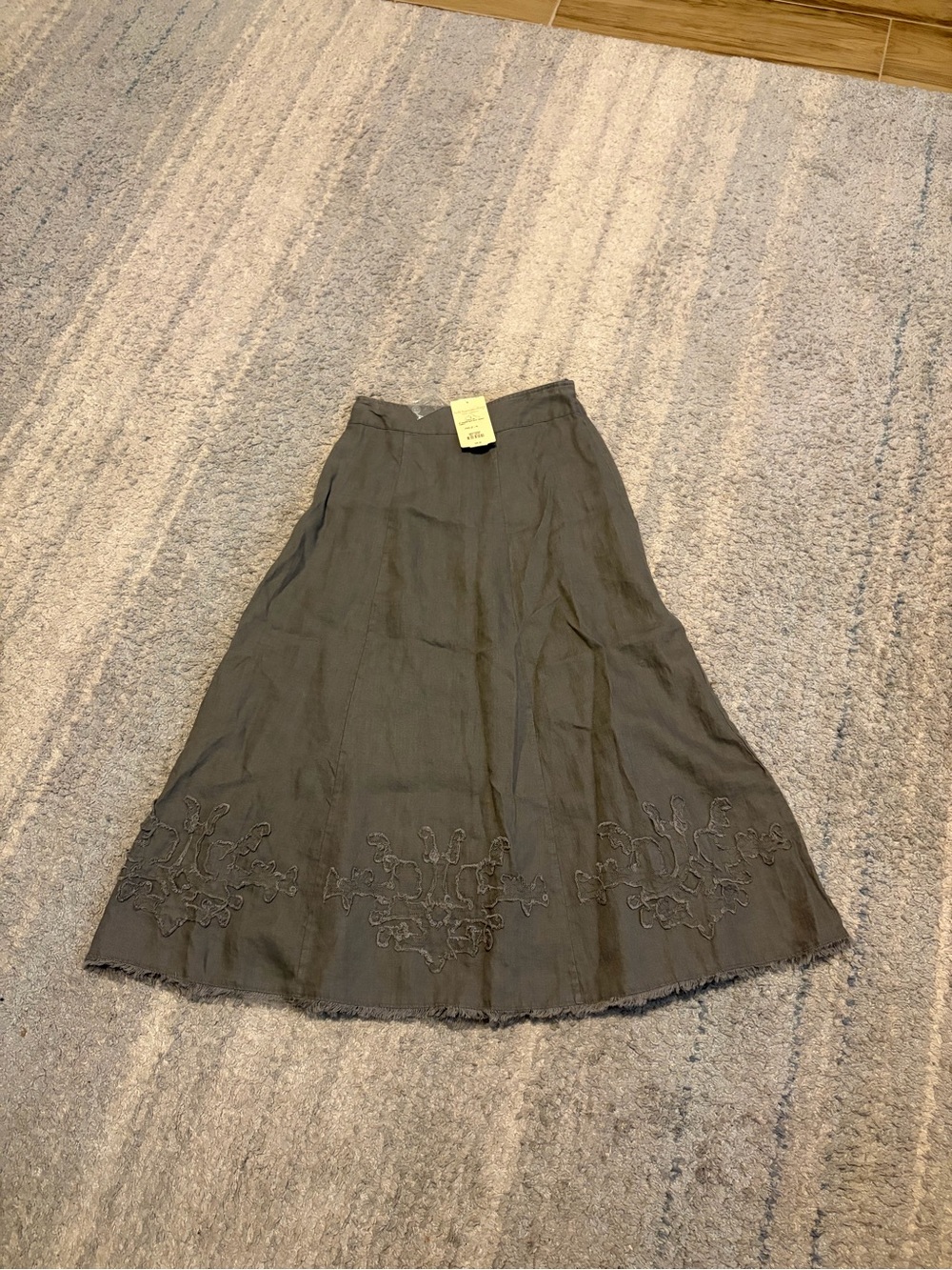 Soft Surroundings Linen Midi Skirt XS Petite Smoke Gray Embroidered Fringe NWT
